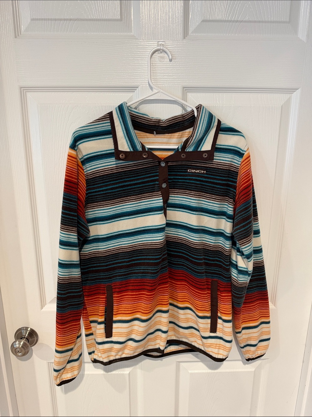 Cinch Striped Pullover Hoodie in Teal, Orange, Red, Cream & Black